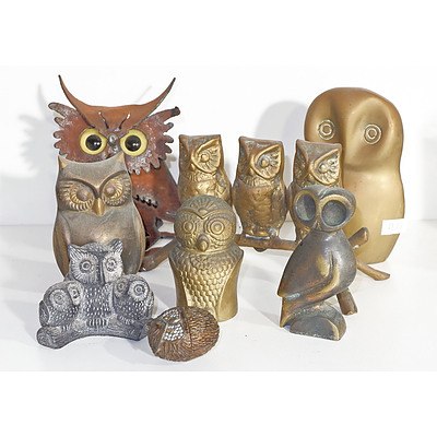 Collection of Vintage Brass, Metal and Ceramic Owls