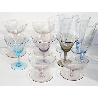 Collection Etched and Coloured Glassware, Including Parfait and Martini Glasses 