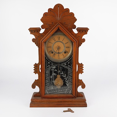 Antique Ansonia Oak Cased Mantle Clock with Pendulum and Key