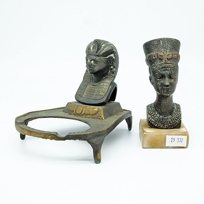 Vintage Egyptian Themed Cast Metal Bust and Ashtray Stand