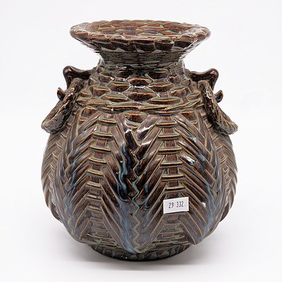 Superb Japanese Stoneware Vase Imitating Basket Weave, Early to Mid 20th Century