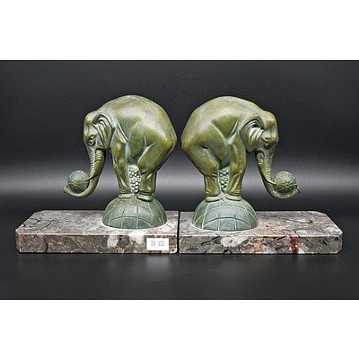 Good Pair of Art Deco Cold Painted Spelter Elephant Bookends on Marble Bases Circa 1930