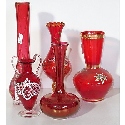 Five Ruby Glass Vases As Shown