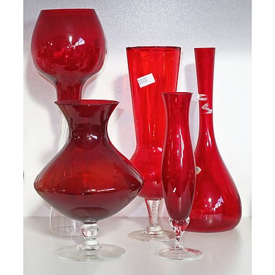 Five Various Ruby Glass Vases As Shown