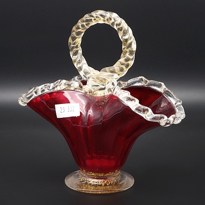 Venetian Ruby Glass and Fused Gold Foil Decorated Basket
