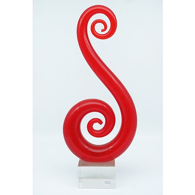 Lamp Worked Red Art Glass Sculptural Form on a Clear Glass Block