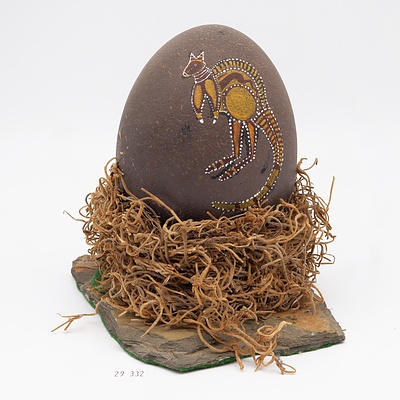 Hand Painted Emu Egg with Kangaroo Motif on Slate and Fibre Nest