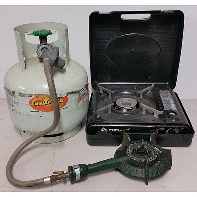 Two Ring Gas Burner, 5kg Gas Bottle and Oztrail Camping Stove