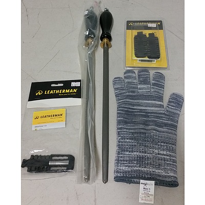 Protective Glove, Two Leatherman Accessories and Two Honing Steels - Brand New - RRP $235.00