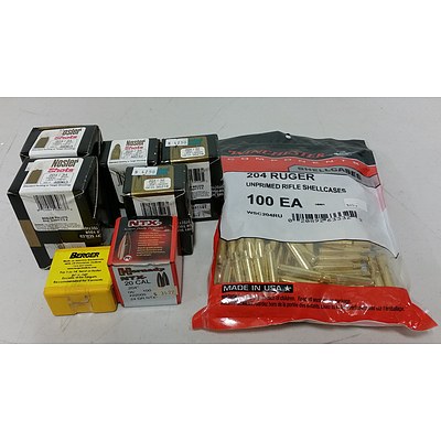 Seven Boxes of 204 Caliber Projectiles and 204 Brass Shell Cases - Brand New - RRP $350.00