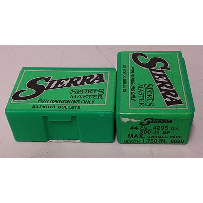 Two Boxes of 50 Sierra Sports Master 44 Caliber Projectiles - Brand New