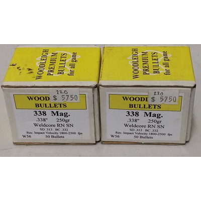Two Boxes of 50 Woodleigh Weldcore 338 Caliber Projectiles - Brand New - RRP $115.00