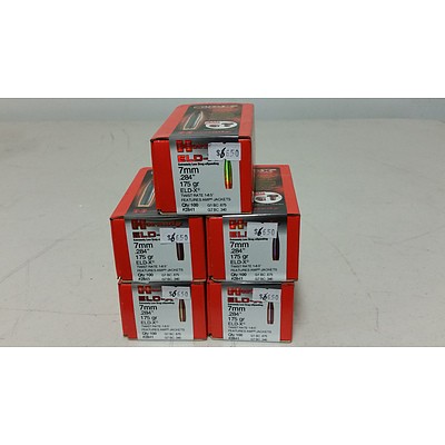 Five Boxes of 100 Hornady 7mm ELD-X 284 Caliber Projectiles - Brand New - RRP $330.00