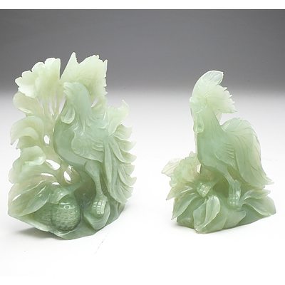Two Carved Serpentine Roosters