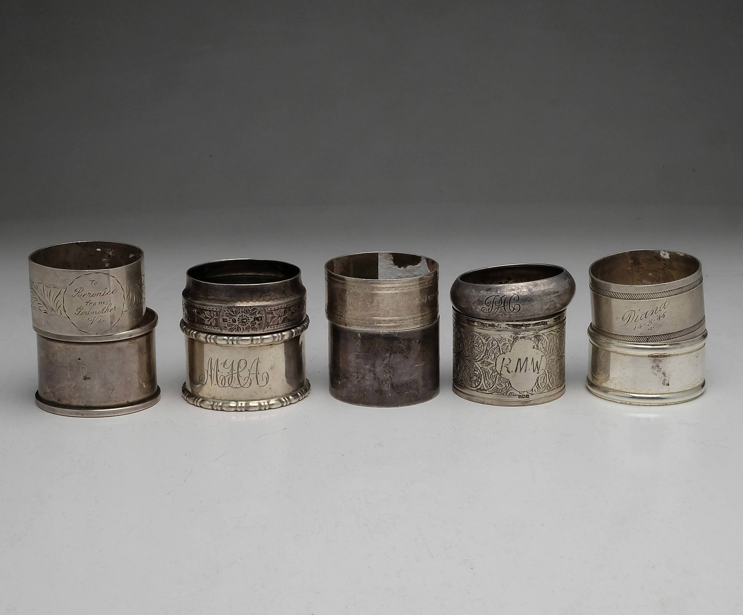 'Ten Various Sterling Silver Napkin Rings, Including Sheffield Walker and Hall 1916 245g'
