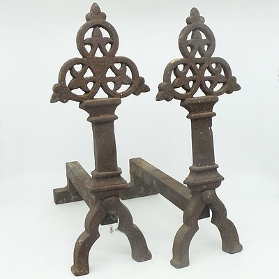 Pair of Victorian Gothic Revival Cast Iron Fire Dogs, 19th Century