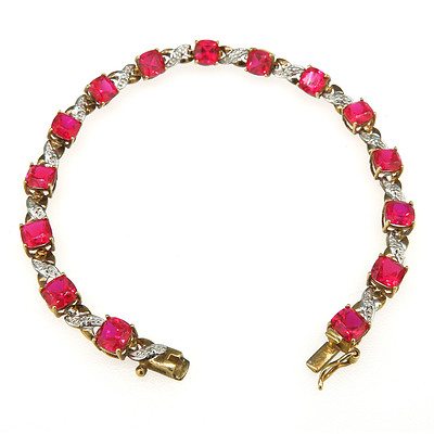 9ct Yellow Gold Bracelet With Synthetic Ruby and Single Cut Diamonds