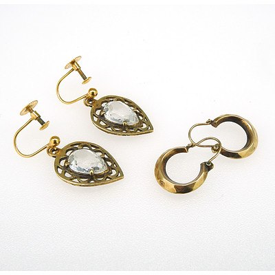 9ct Yellow Gold Screw on Drop Earrings with Pear Shaped White Paste and 9ct Yellow Gold Small Faceted Hoop Earrings