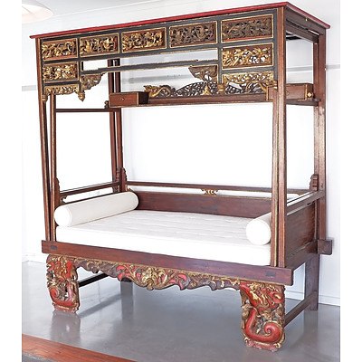 Vintage Javanese Carved, Polychrome and Gilt Decorated Daybed