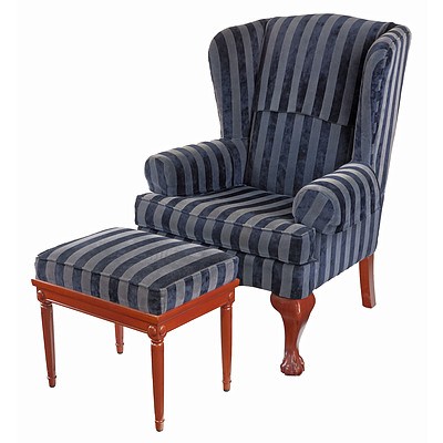 Georgian Style Upholstered Wingback Armchair and Footstool