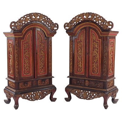 Vintage Javanese Carved, Polchrome and Gilt Decorated Cupboards