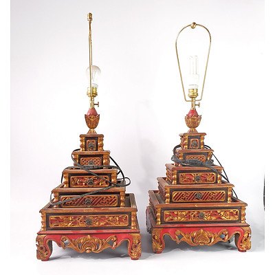 Pair of Vintage Javanese Carved, Polychrome and Gilt Decorated Table Lamps