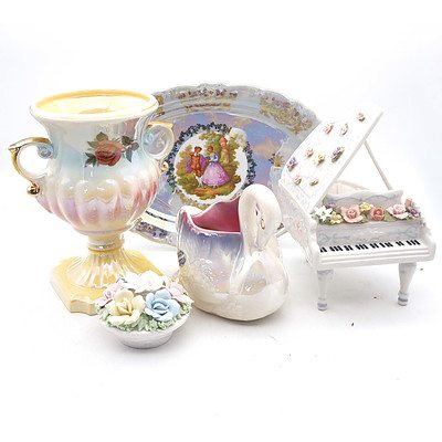A Mingay Lusterware Urn, a Hollyware Luster Swan Vase, a Ceramic Musical Box Piano and More