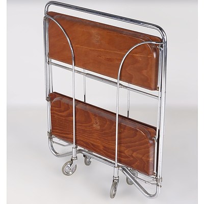 German Bremshey and Co Bauhaus Style Chrome Plated Collapsible Tea Trolley with Formica Trays Circa 1960s