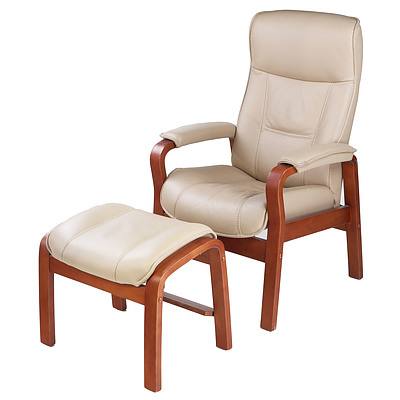 Comfort Norway Beige Leather Upholstered Reclining Armchair and Ottoman