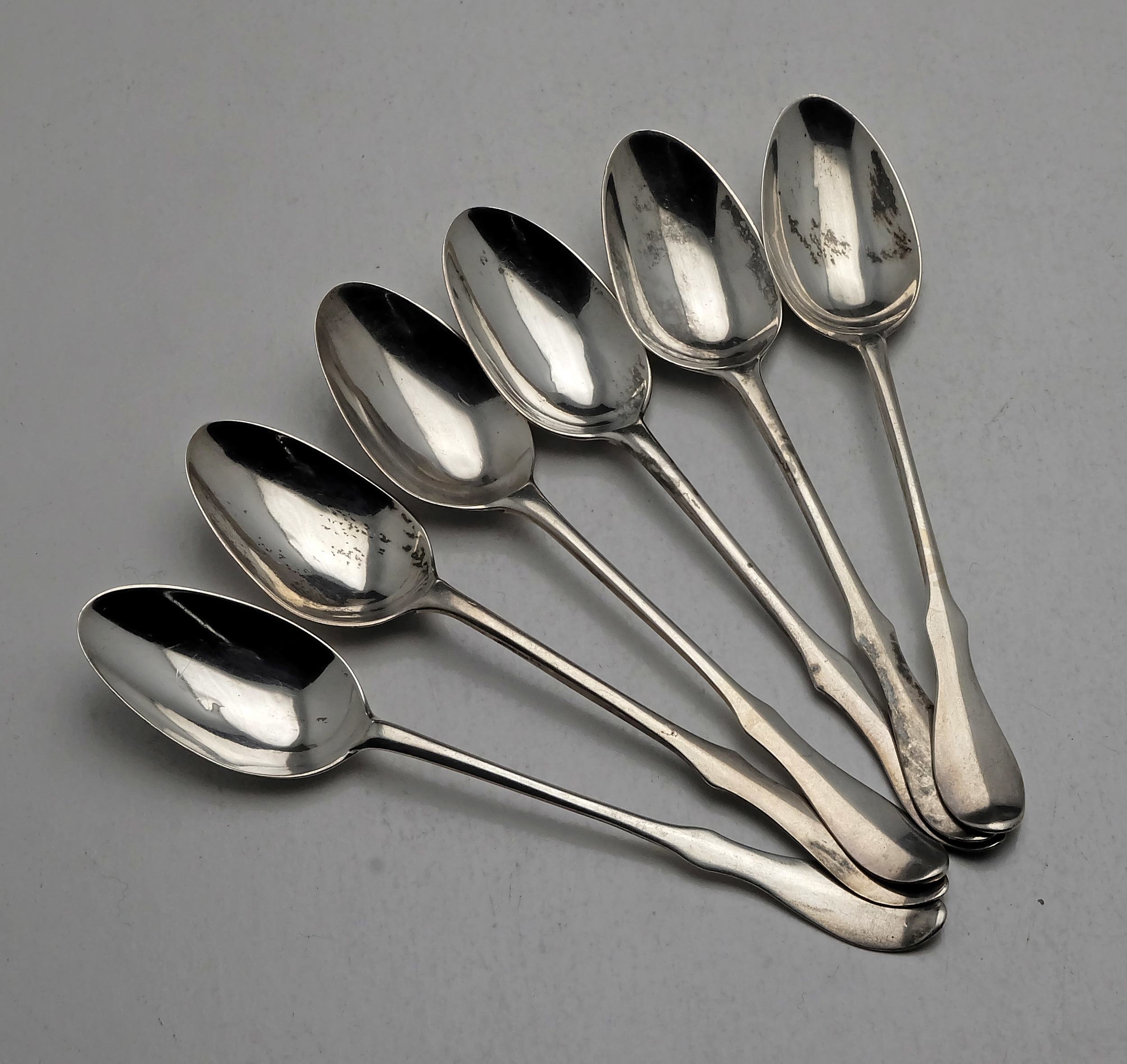 'Six Various Monogrammed Sterling Silver Teaspoons, Including Two Exeter Georgian Spoons 48g'