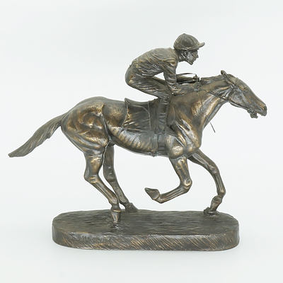 Copper Coloured Resin Race Horse and Jockey Figure