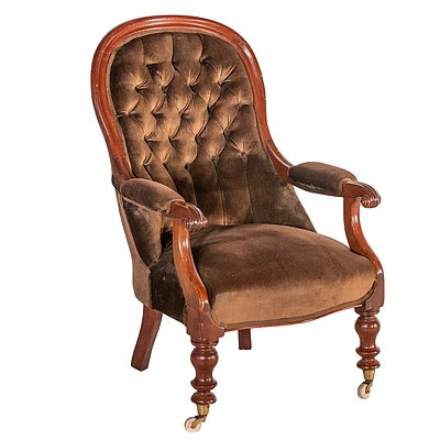 Victorian Mahogany Salon Chair with Brown Velvet Upholstery Circa 1880
