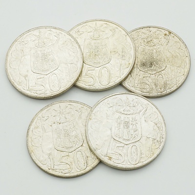 Five Australian 1966 Round Silver 50 Cent Coin