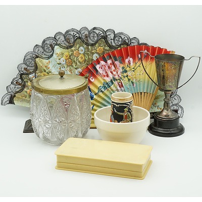 English G Harvey Silver Plate and Cut Glass Biscuit Barrel, Arcadia Trophy, Oriental Fans, German Stein and More