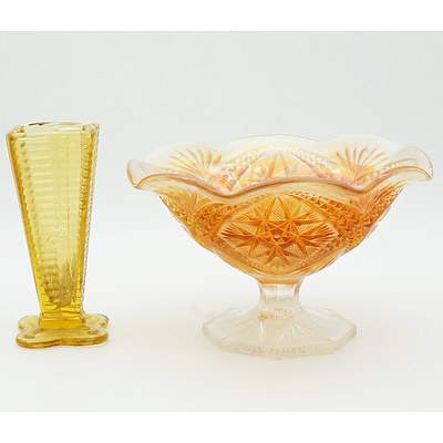 Carnival Glass Style Comport and a Depression Amber Glass Stem Vase