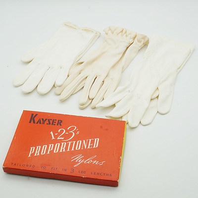 Boxed Kayser 1-2-3 Proportioned Nylons and Three Pairs of Vintage Ladies Gloves