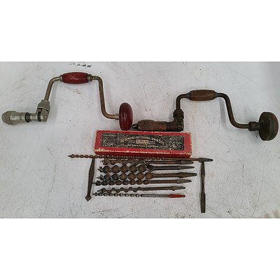 Two Vintage Brace and Bits With 10 Drill Bits