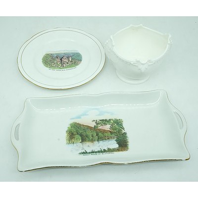 Royal Stafford "The Three Sisters Blue Mountains NSW" Side Plate, Shelley "The Tumut River at Blowering" Serving Plate and a Coalport Countryware China Bowl