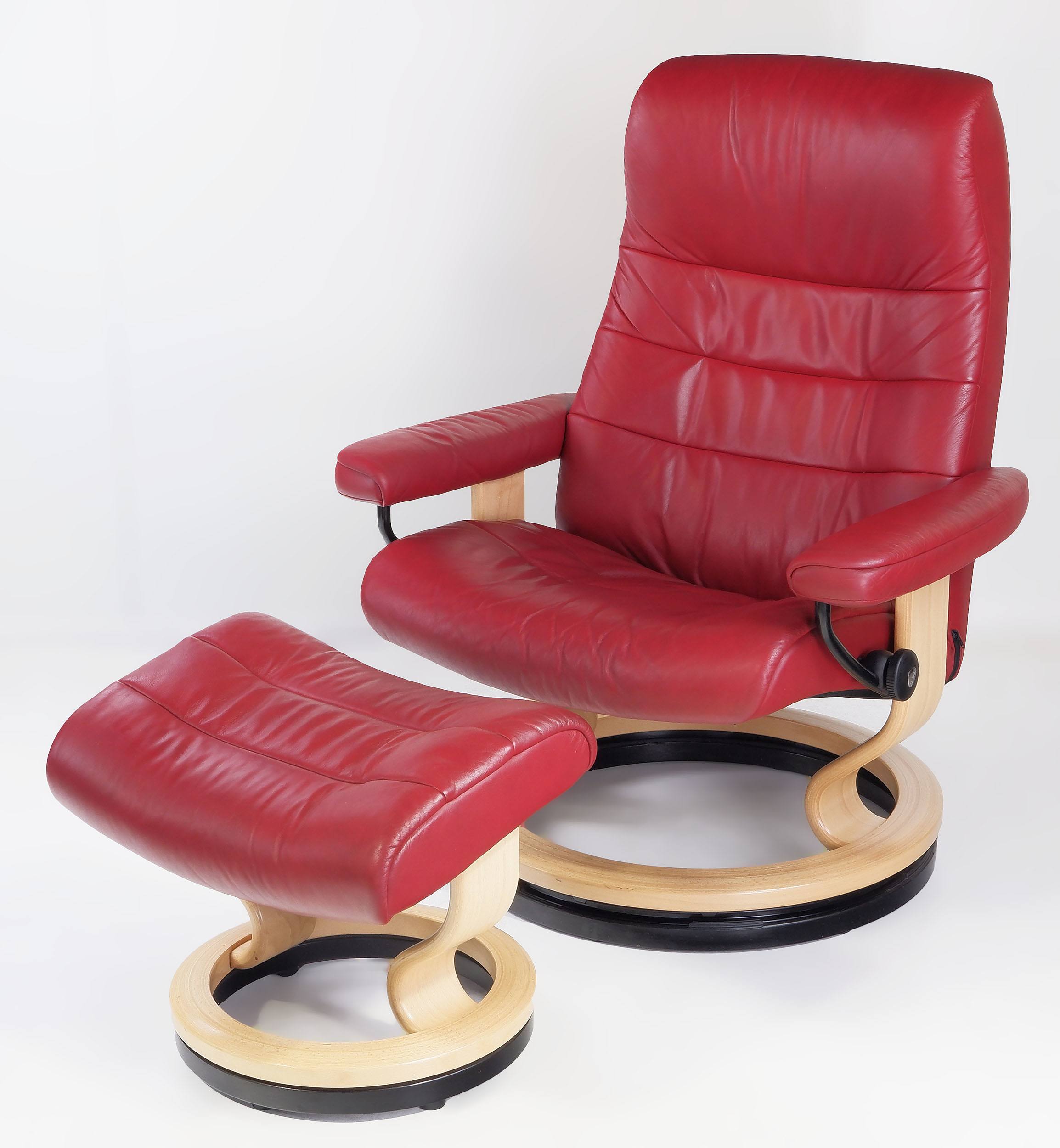 'Stressless Norwegian Red Leather Upholstered Reclining Armchair and Ottoman'