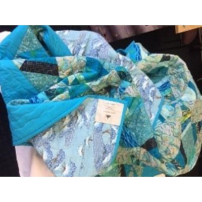 Turquoise, Gold and Blue Hand Made Patchwork Quilt