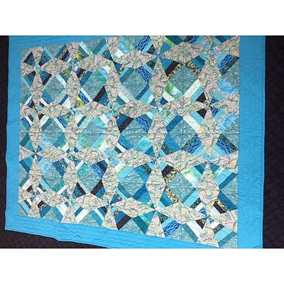 Turquoise, Gold and Blue Hand Made Patchwork Quilt
