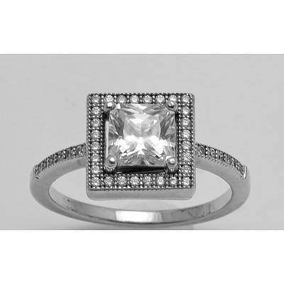 Sterling Silver Ring - large Princess-cut CZ centre, and pave-set with white CZs