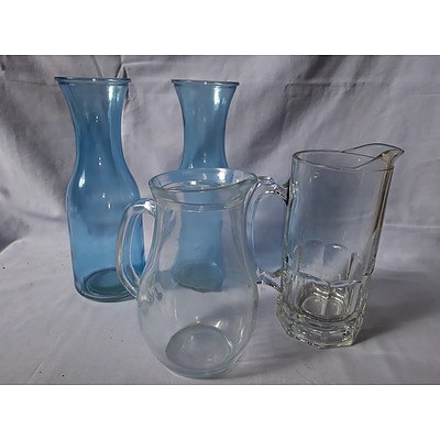 2 Blue carafes & 2 glass water jugs