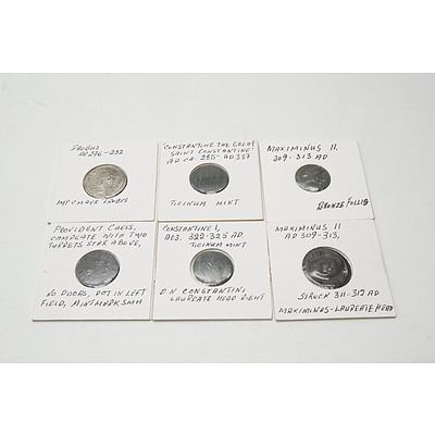 Six Ancient Coins, Including Coins from Probus, Constantine I, Constantine II, Maximus II