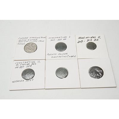 Six Ancient Coins, Including Coins from Probus, Constantine I, Constantine II, Maximus II