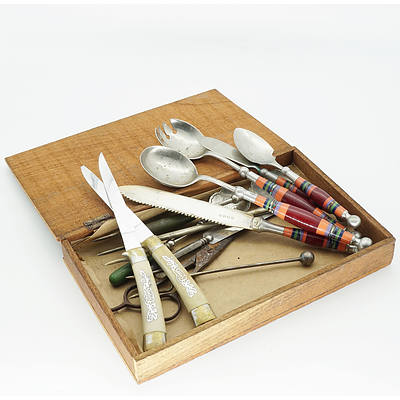 Group of Various Homeware Items Including Bone Handled Steak Knifes, Gold & Silver Plated Spoons, Record Care Kit and More
