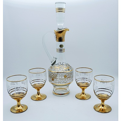 Bohemia Glass Decanter and Four Wine Glasses with Gold Detailing