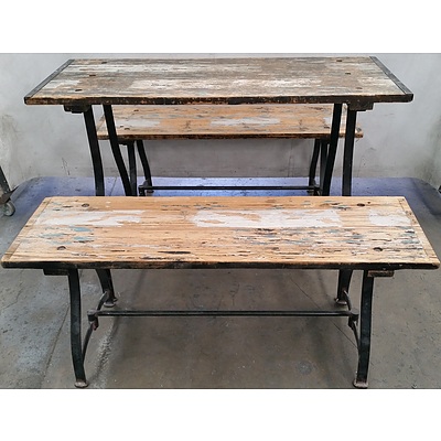 Rustic Cafe Table and Benches - Lot of Two