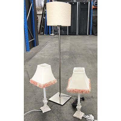 Two Corinthian Style Table Lamps & Contemporary Floor Lamp