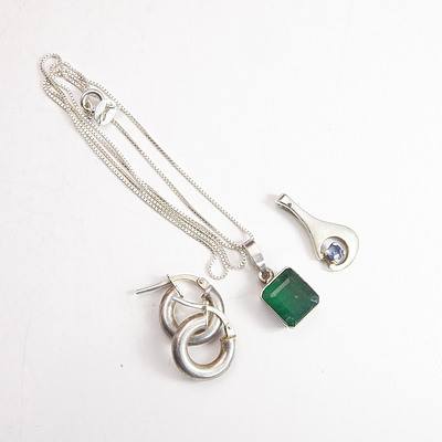 Silver and Emerald Pendant, Silver and Sapphire Pendant and a Pair of Silver Earrings